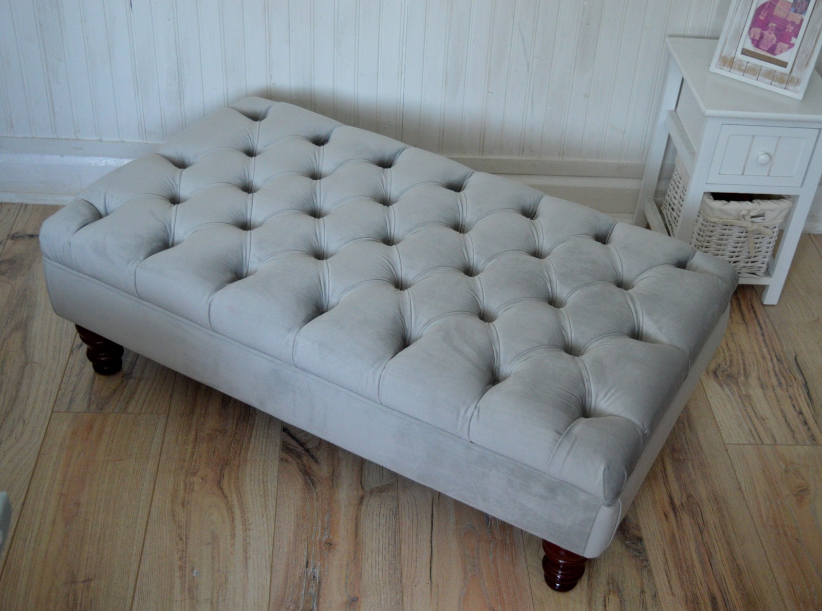 Chesterfield Deep Buttoned Footstool in a Plush Silver Velvet With Mahogany Turned Hard Wood Legs