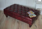Chesterfield Style Deep Buttoned Footstool in Premium Wine Faux Leather With Turned Mahogany Hardwood Legs