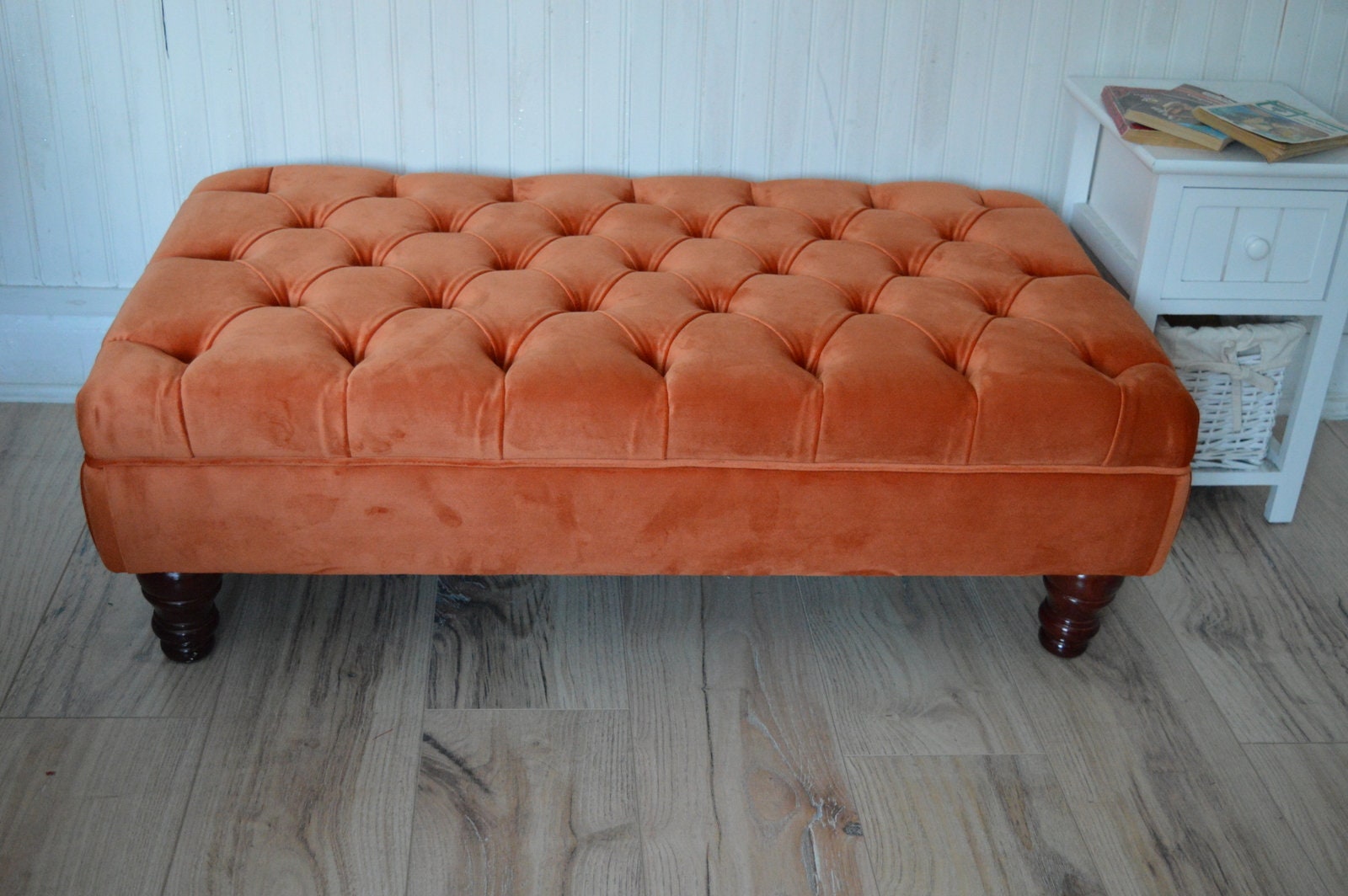 Chesterfield Deep Buttoned Footstool in Orange Velvet With Mahogany Turned Hard Wood Legs