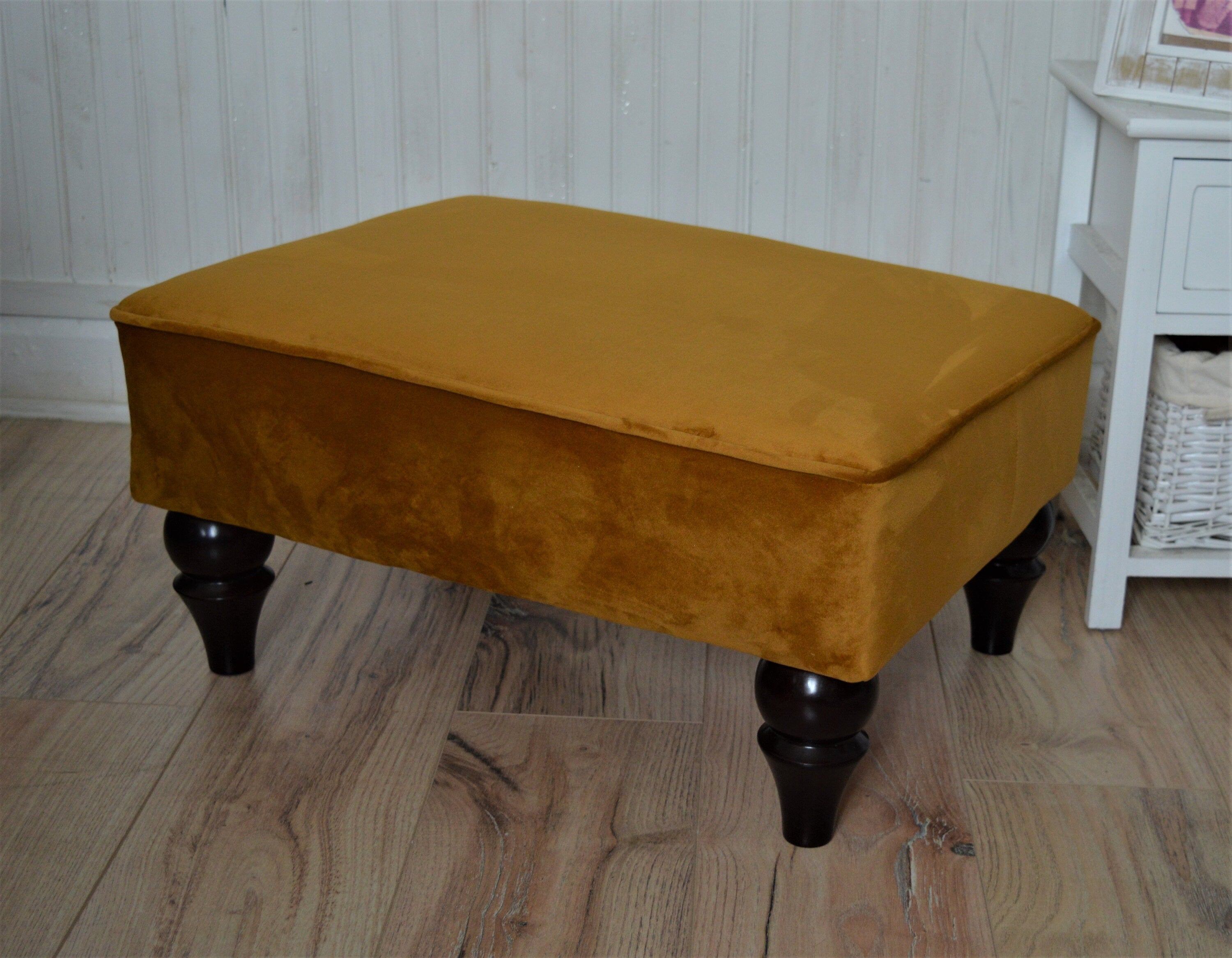 Stylish Flat Top Footstool  With Piping Trim in Premium Turmeric Velvet Fabric With Turned Mahogany Hardwood  Legs