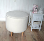 Circular round footstool upholstered in Ivory Boucle Fabric With Natural Hardwood  Legs