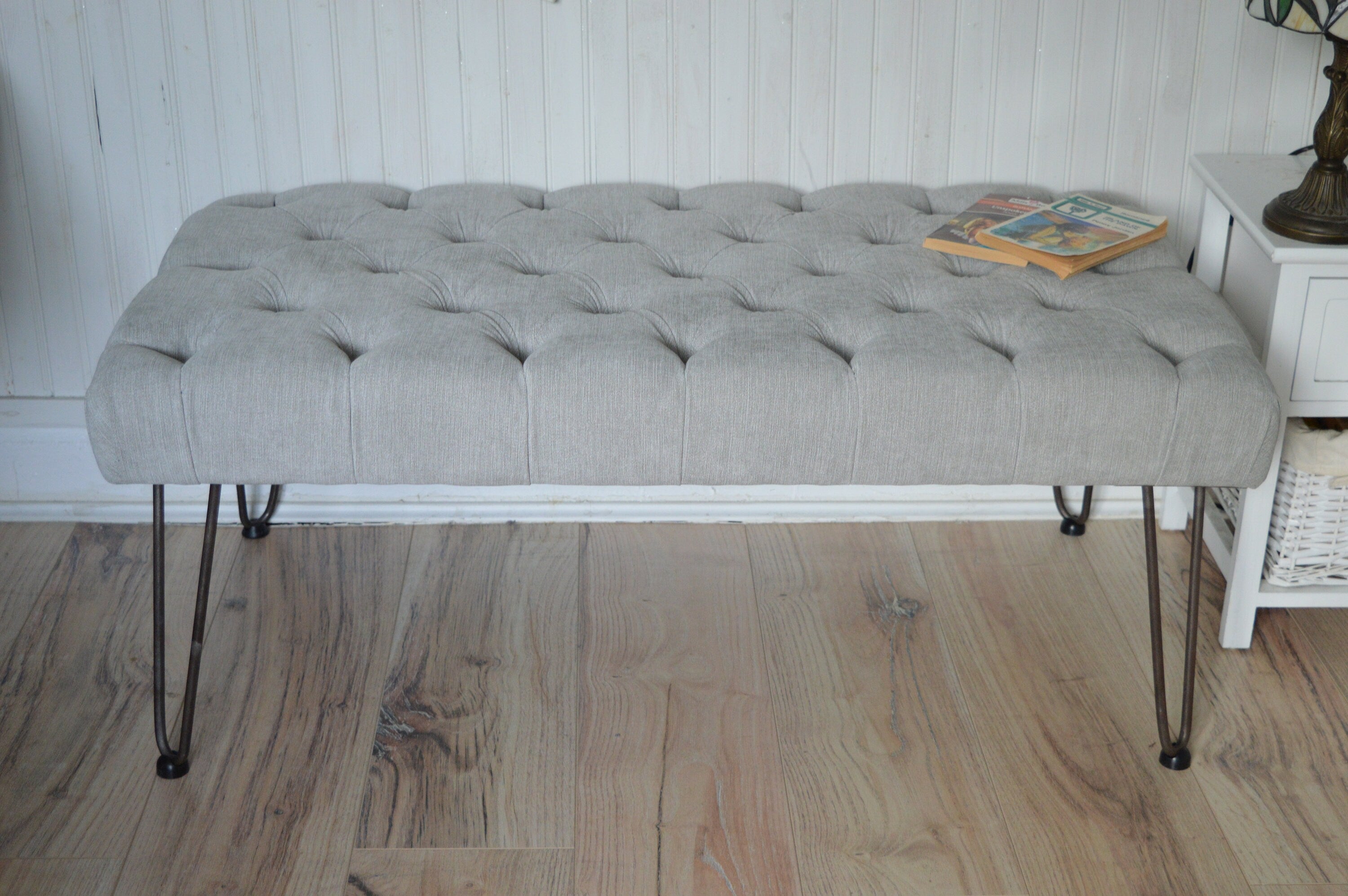 Seating Style Chesterfield Deep Buttoned Footstool in Casino  Silver With Hairpin Legs