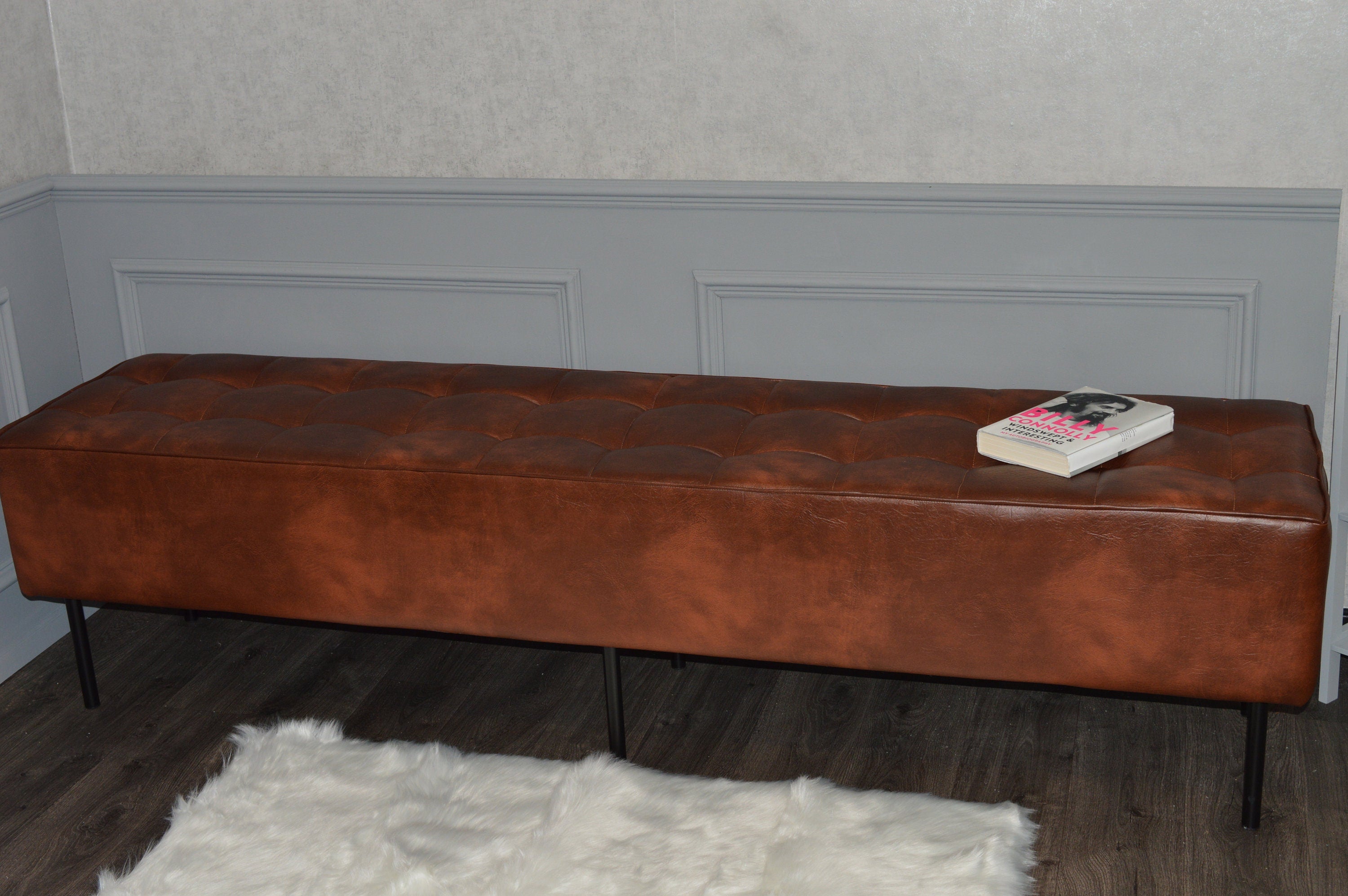 Extra Large 2mtr Bench Seating Style Chesterfield Buttoned Footstool  in Premium Faux Chestnut Leather With metal Legs