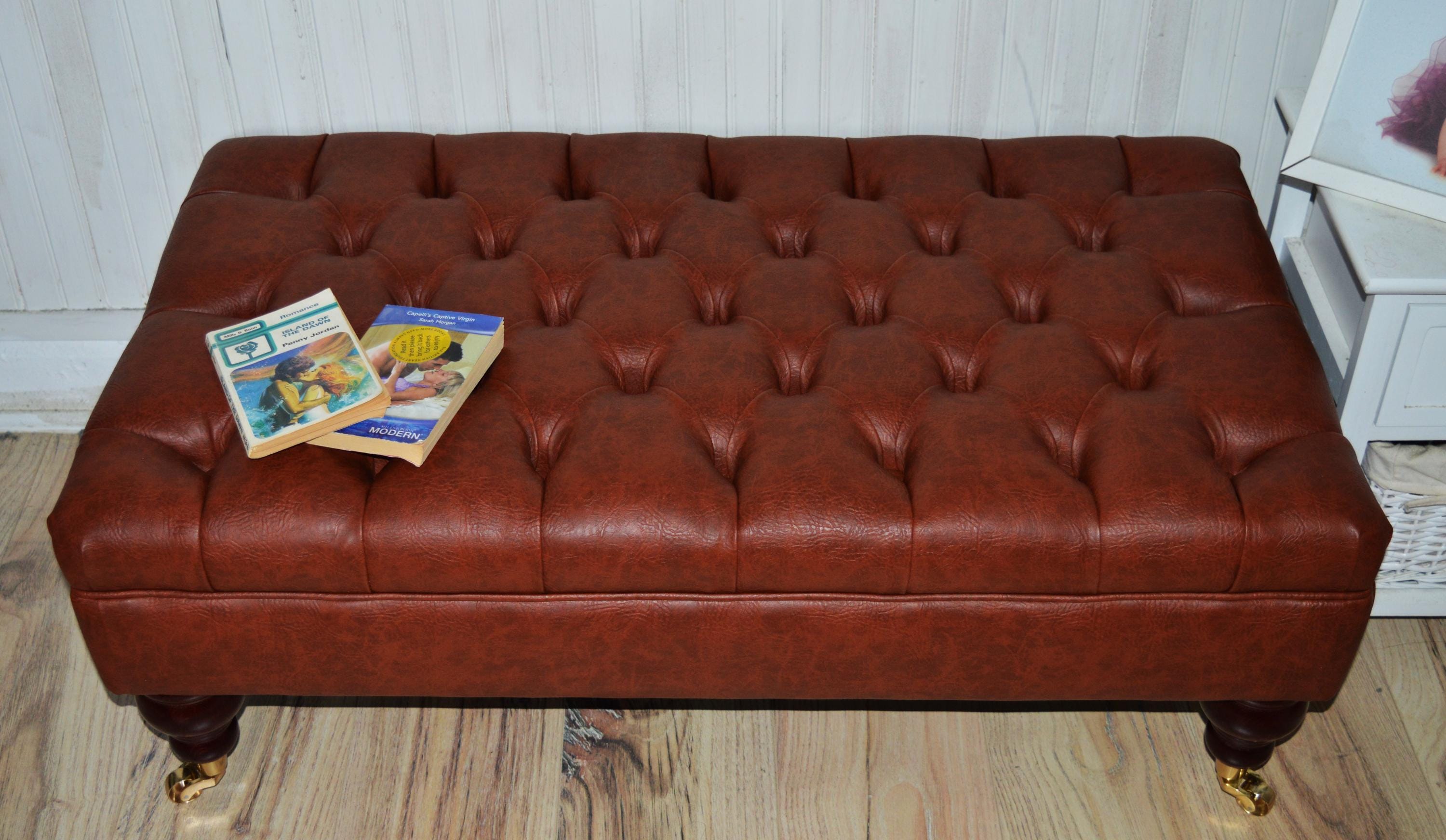 Chesterfield Design Footstool in Chestnut Brown Faux Leather With Brass Castor Turned Hardwood Legs