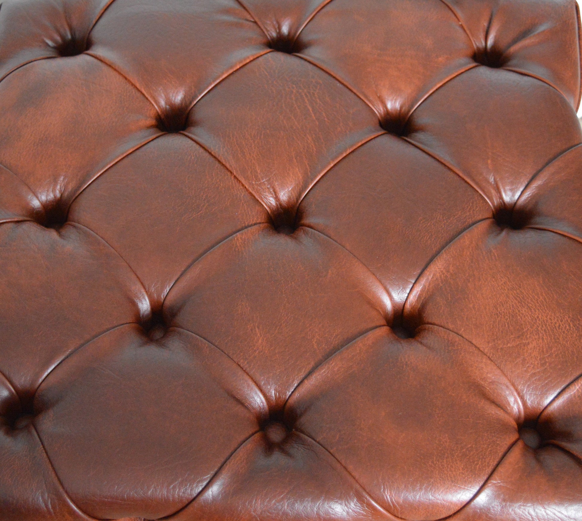 Deep Buttoned All Over Cube Footstool Upholstered In a Premium Chestnut Faux Leather