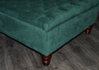 Chesterfield Square Storage Footstool Ottoman in Soft Alpaka Hunter Green Fabric With Mahogany Turned Hardwood Legs
