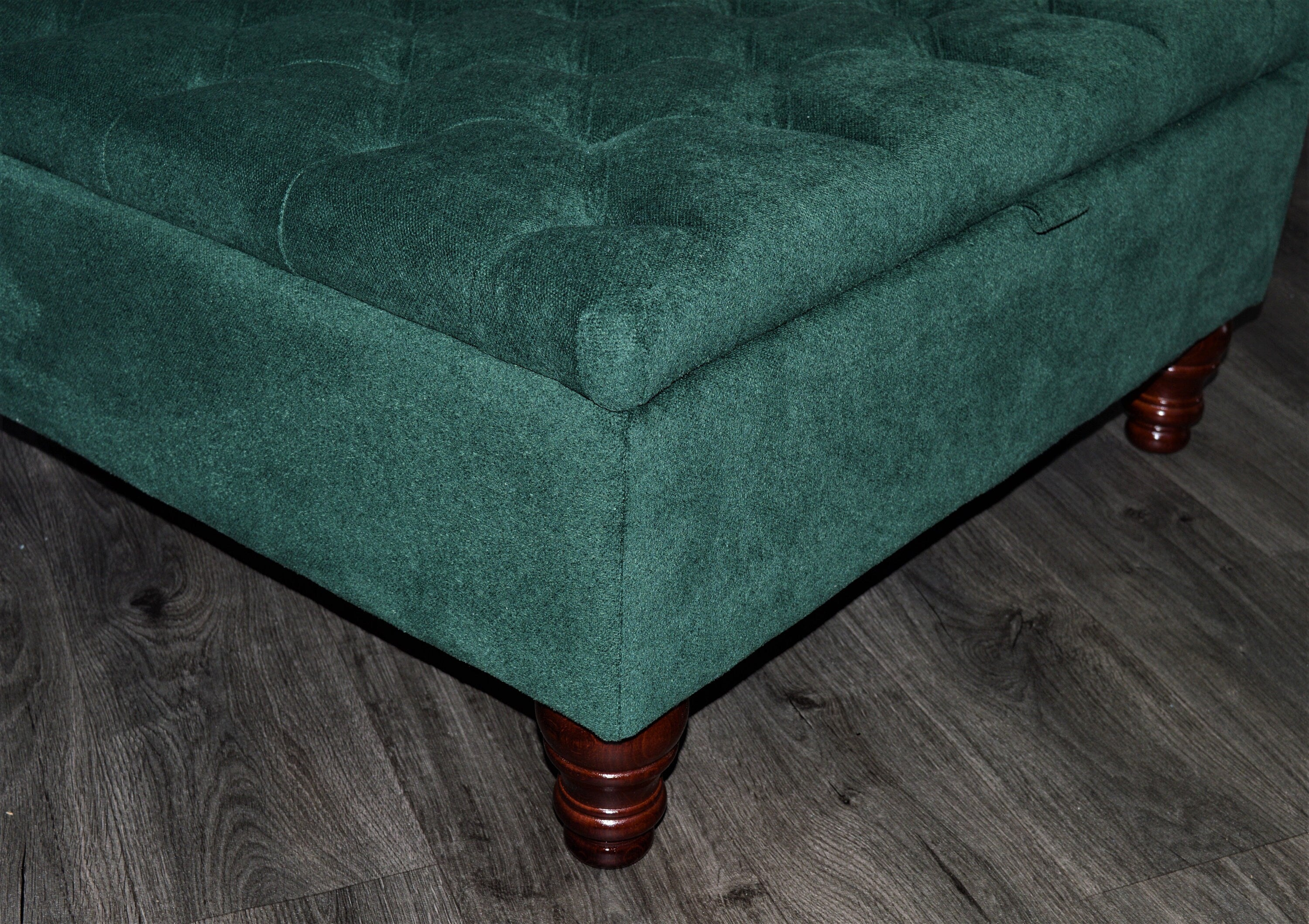 Chesterfield Square Storage Footstool Ottoman in Soft Alpaka Hunter Green Fabric With Mahogany Turned Hardwood Legs