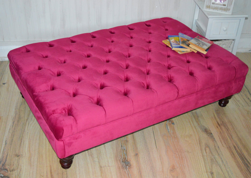Chesterfield Extra Large Deep Buttoned Footstool in Monaco Wine Velvet  With Turned Hardwood Legs