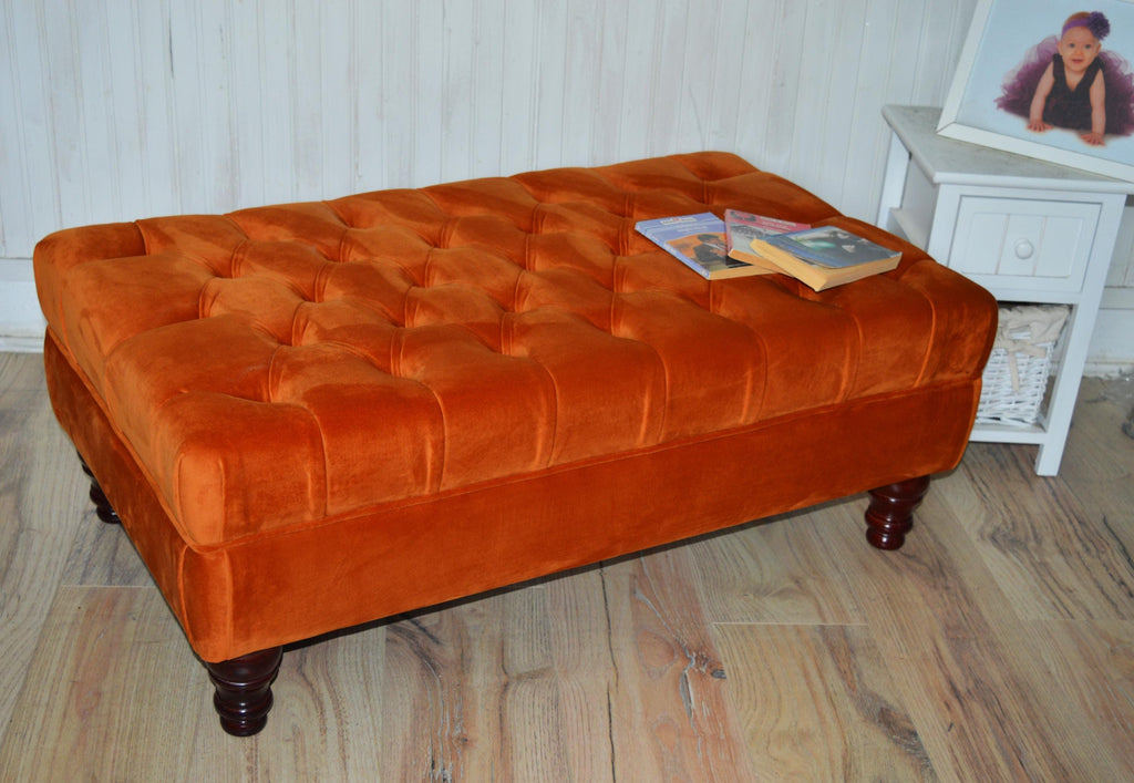 Chesterfield Design Deep Buttoned Footstool in Burnt Orange Velvet Fabric With Mahogany Turned Hard Wood Legs