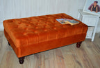 Chesterfield Design Deep Buttoned Footstool in Burnt Orange Velvet Fabric With Mahogany Turned Hard Wood Legs