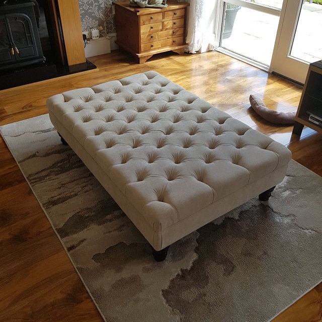 Chesterfield Extra Large Deep Buttoned Footstool in Casino Biege Fabric With Turned Hardwood Legs
