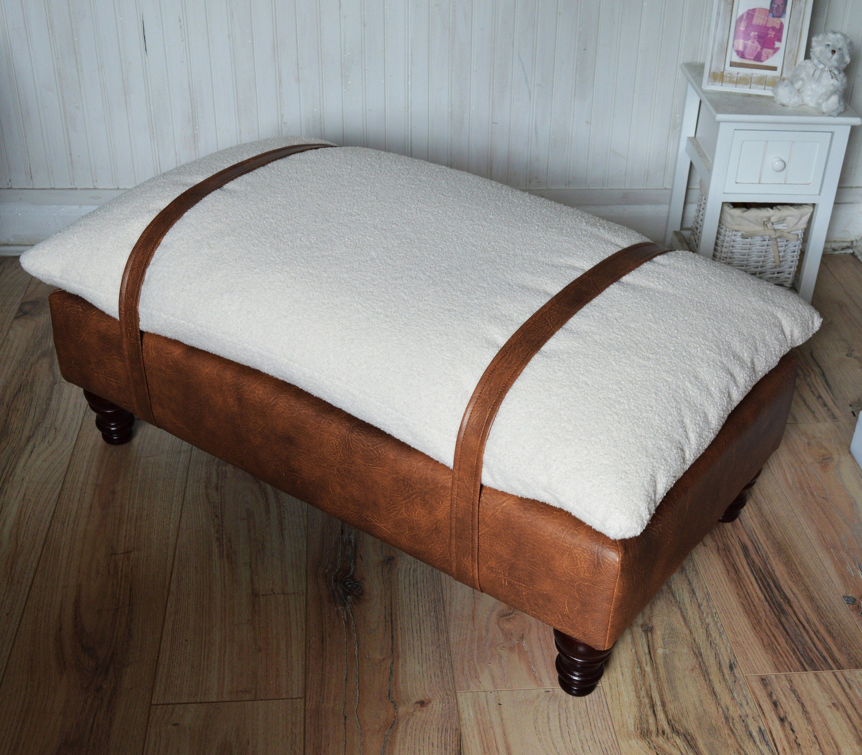 Mayfair Footstool  Seating Bench in Ivory Boucle Fabric And Premium Tan Faux Leather With Turned Mahogany Hardwood Legs.
