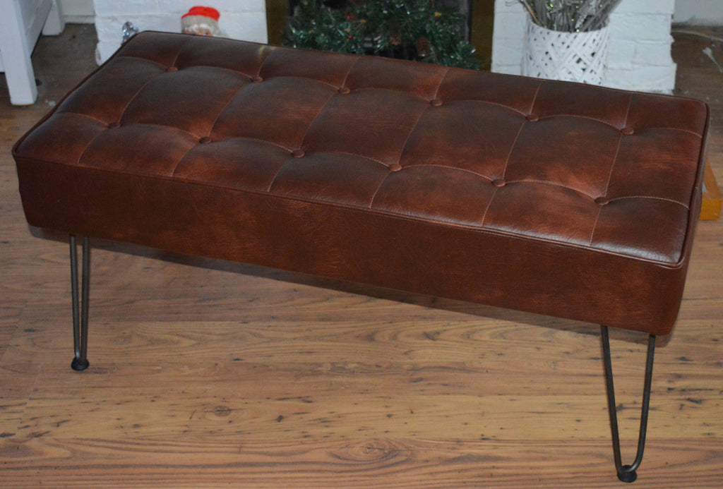 Bench Seating Style Buttoned Footstool Hall Table With Stitching Detail in Premium Faux Chestnut Leather With Hairpin Legs