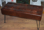 Bench Seating Style Buttoned Footstool Hall Table With Stitching Detail in Premium Faux Chestnut Leather With Hairpin Legs