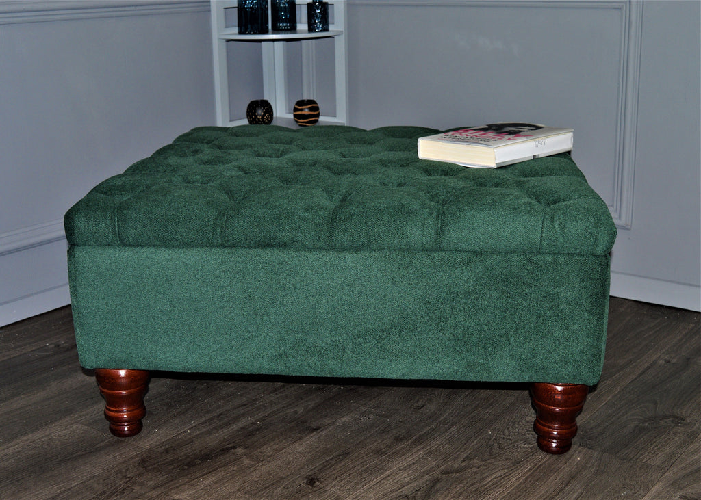 Chesterfield Square Storage Footstool Ottoman in Soft Alpaka Hunter Green Fabric With Mahogany Turned Hardwood Legs