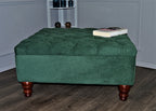 Chesterfield Square Storage Footstool Ottoman in Soft Alpaka Hunter Green Fabric With Mahogany Turned Hardwood Legs