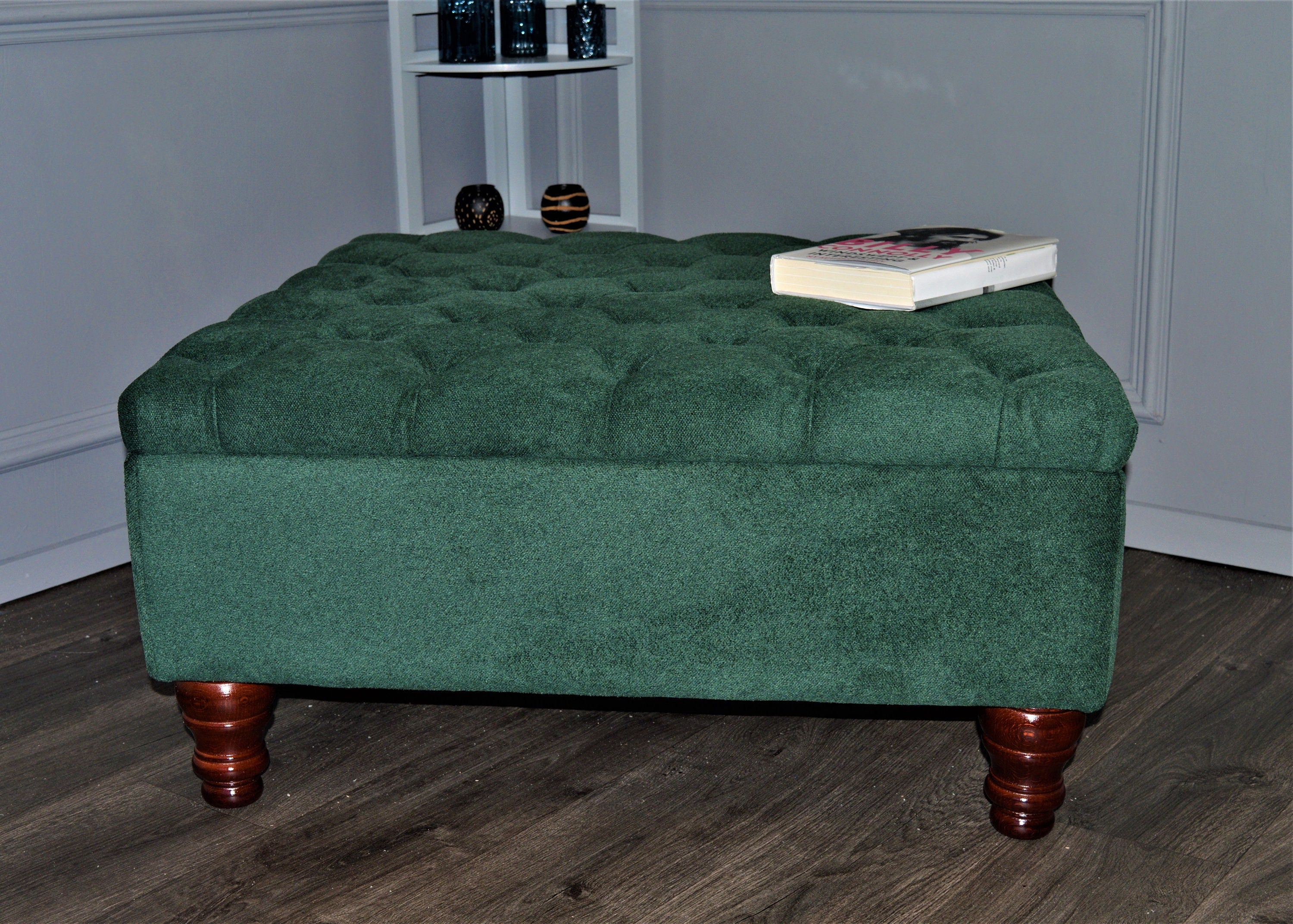 Chesterfield Square Storage Footstool Ottoman in Soft Alpaka Hunter Green Fabric With Mahogany Turned Hardwood Legs
