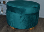 A Large Circular Storage Ottoman Footstool in Teal Velvet With Mahogany  Hard Wood Legs
