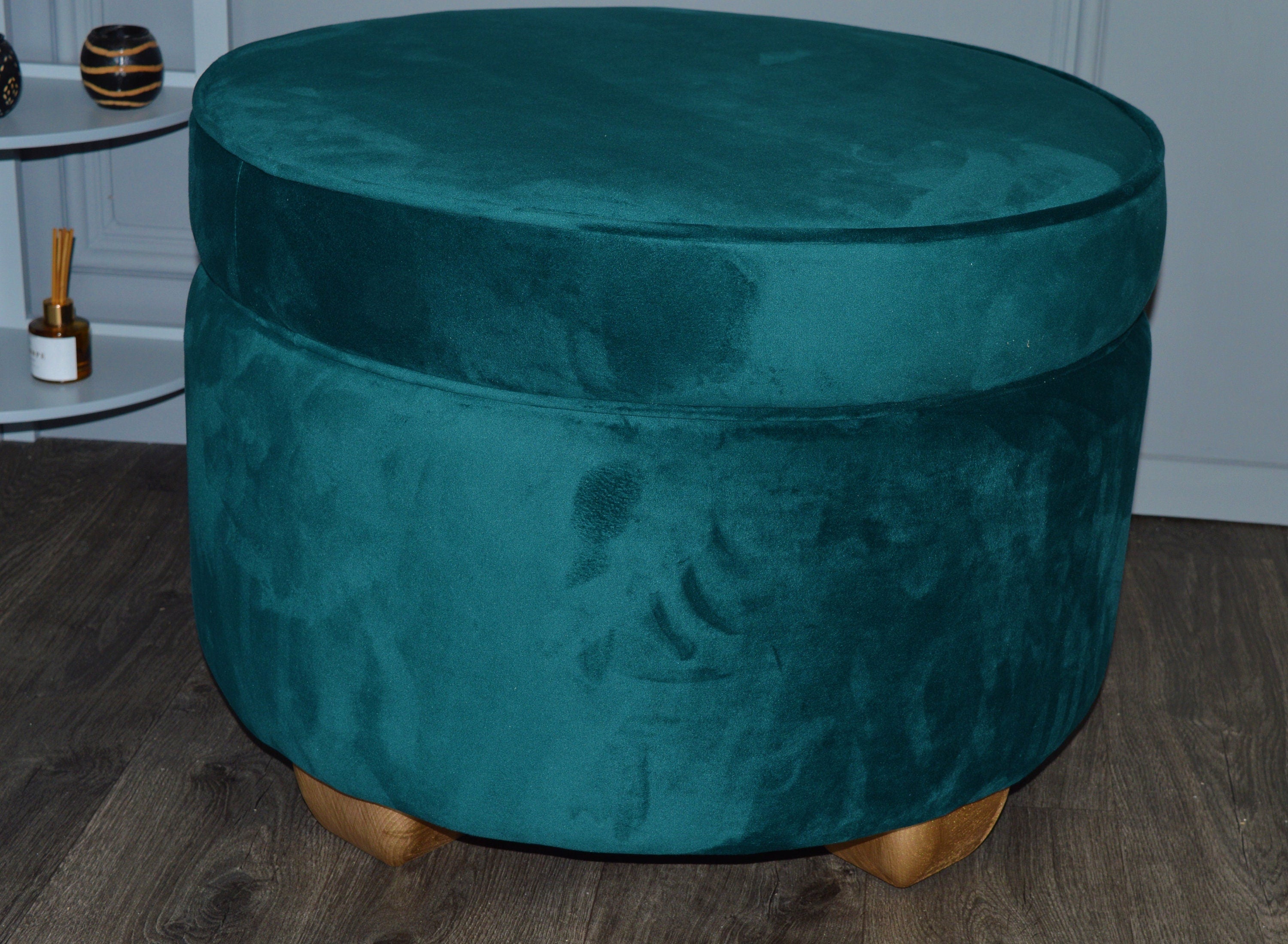 A Large Circular Storage Ottoman Footstool in Teal Velvet With Mahogany  Hard Wood Legs
