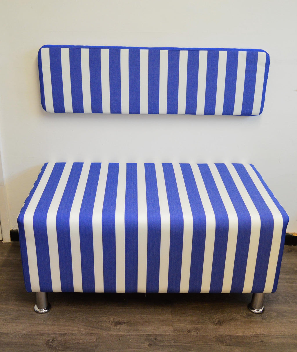 2 Str Size High Seating Bench Footstool With Fix To Wall Back Cushion in Water Resistent Coastal Blue Stripe Fabric