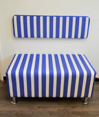 2 Str Size High Seating Bench Footstool With Fix To Wall Back Cushion in Water Resistent Coastal Blue Stripe Fabric