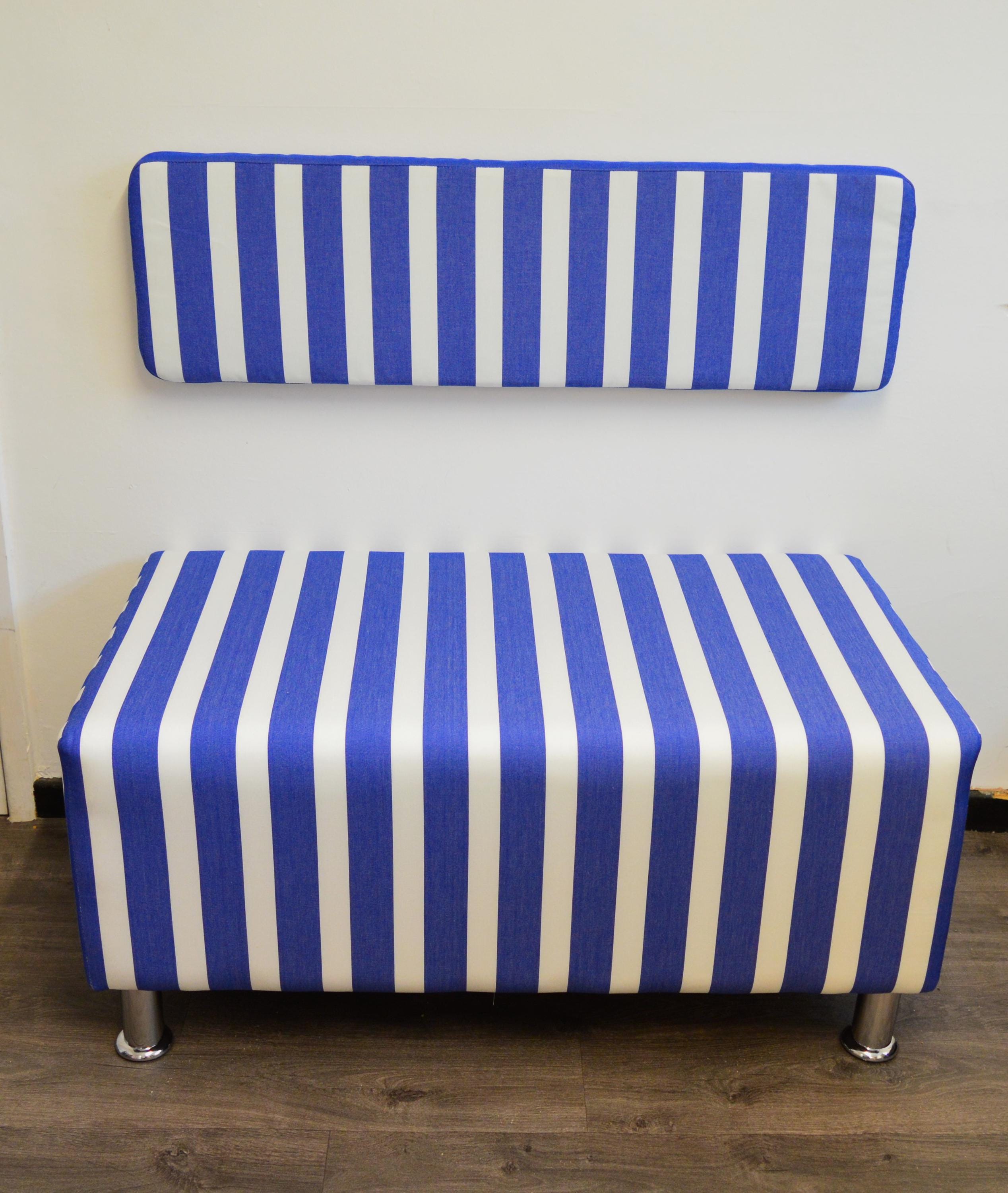 2 Str Size High Seating Bench Footstool With Fix To Wall Back Cushion in Water Resistent Coastal Blue Stripe Fabric