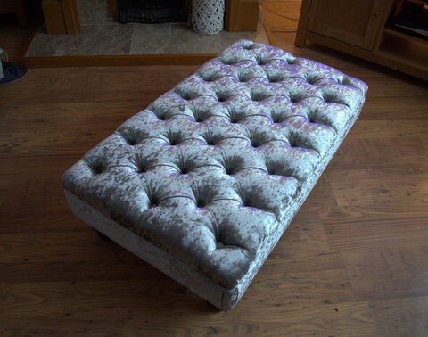 Chesterfield Style Deep Buttoned Footstool in Silver Crushed Velvet With Mahogany Legs