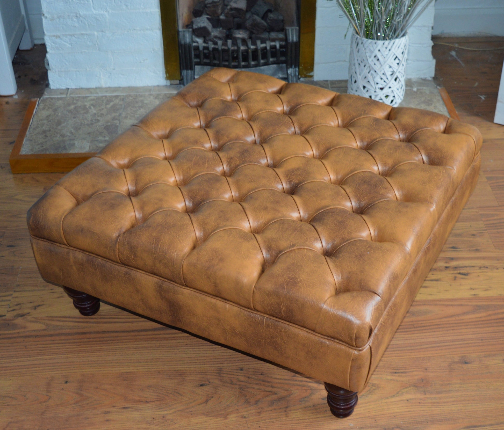 A Chesterfield Design Deep Buttoned Square Footstool in Premium Tan Faux Leather