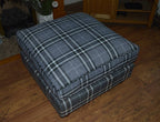 Fixed Soft Cushion Top Square Design Footstool in Gey Tarton Check  With Turned Hard Wood Feet