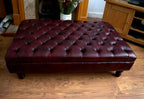 Chesterfield Extra Large Deep Buttoned Footstool in Premium Wine Faux Leather With Turned Hardwood Legs