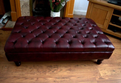 Chesterfield Extra Large Deep Buttoned Footstool in Premium Wine Faux Leather With Turned Hardwood Legs
