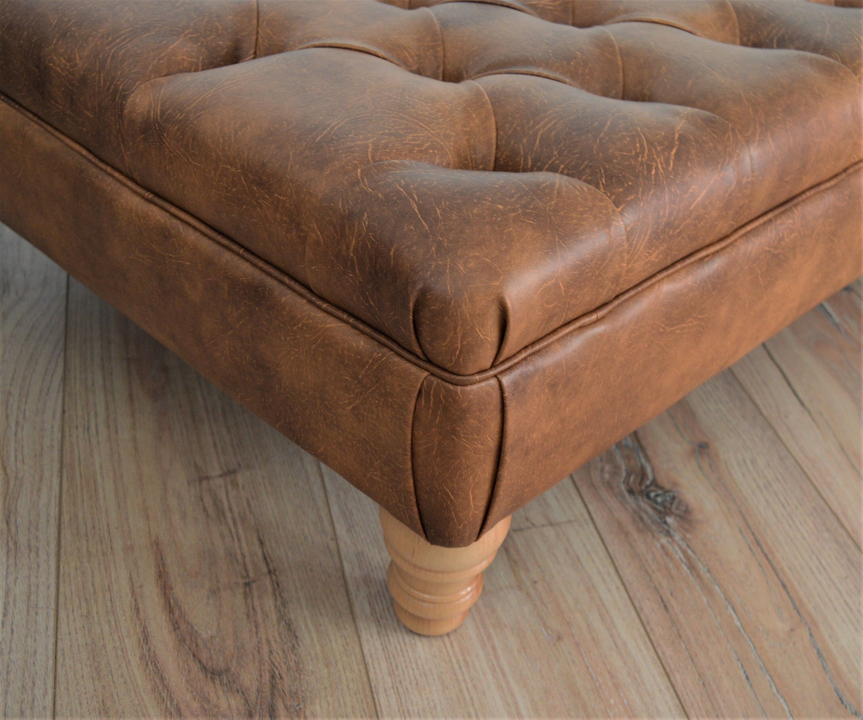 Chesterfield Extra Large Deep Buttoned Footstool in Premium Tan Faux Leather With Oak Turned Hardwood Legs