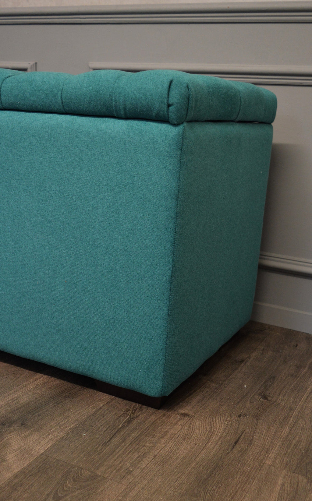 XXL Chesterfield Storage Bedding Box in Mallard Green Fabric With Mahogany Feet