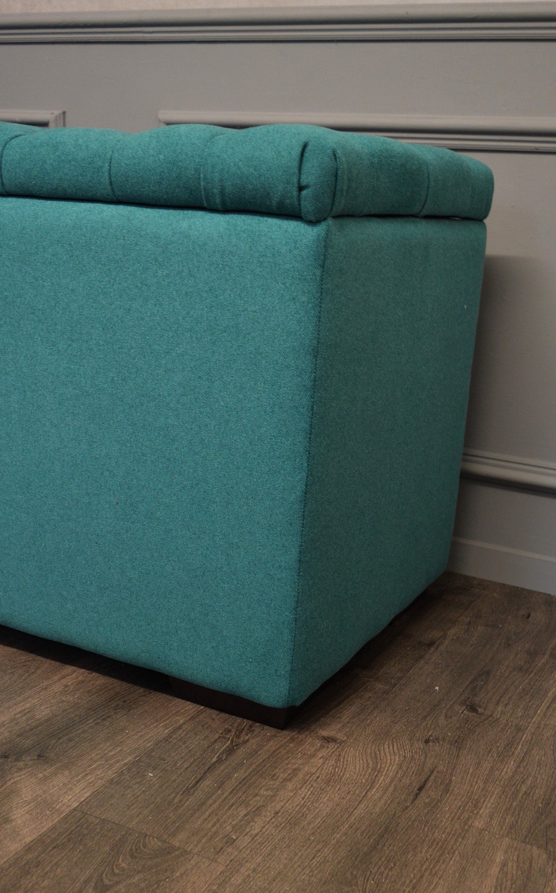 XXL Chesterfield Storage Bedding Box in Mallard Green Fabric With Mahogany Feet