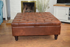 Extra Large Storage Square Chesterfield Deep Buttoned Footstool in Premium Chestnut Faux Leather