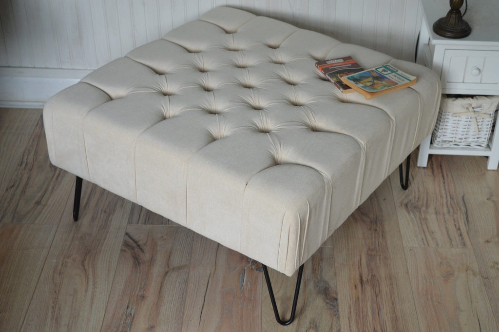Square Chesterfield Deep Buttoned Footstool in Casino Beige Fabric With Hairpin Legs