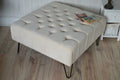 Square Chesterfield Deep Buttoned Footstool in Casino Beige Fabric With Hairpin Legs