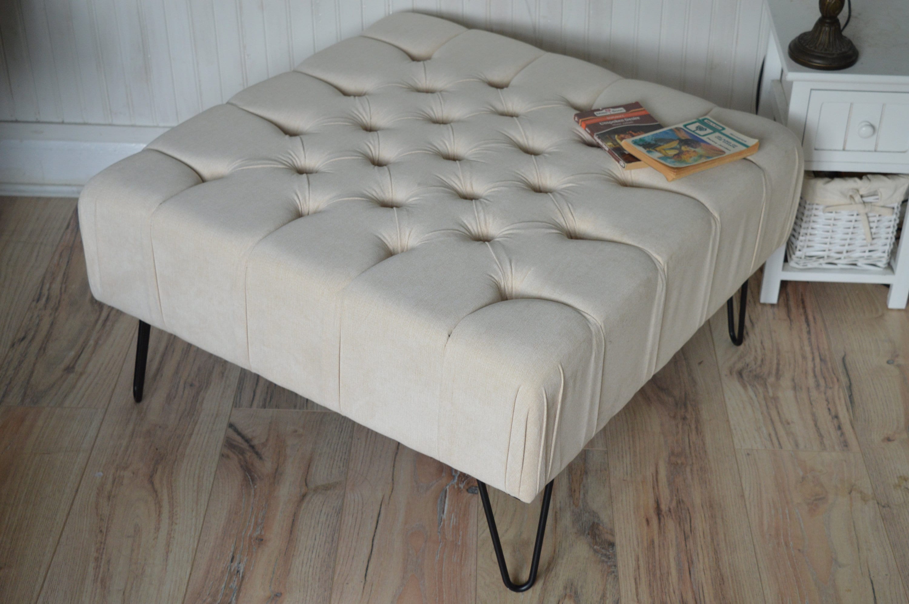 Square Chesterfield Deep Buttoned Footstool in Casino Beige Fabric With Hairpin Legs