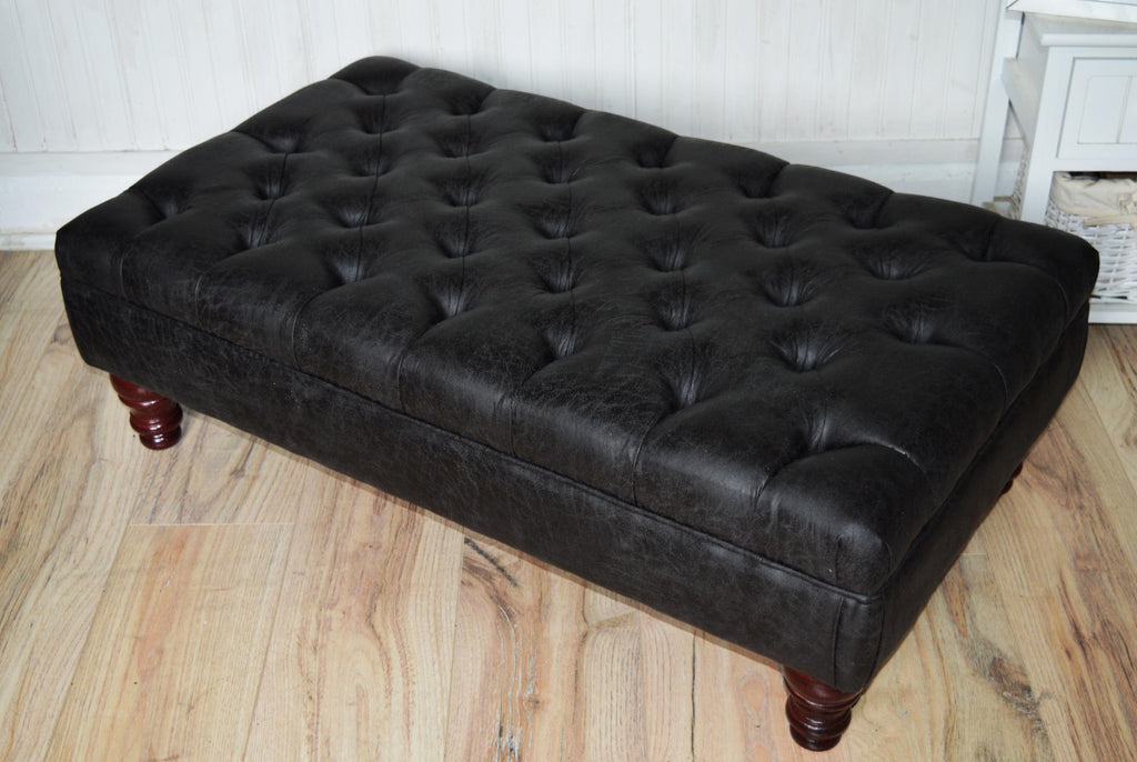 Handmade Antique Black Faux Suede  Chesterfield Footstool  Coffee Table – Footrest – Mahogany Turned Hardwood Legs