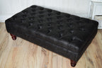 Handmade Antique Black Faux Suede  Chesterfield Footstool  Coffee Table – Footrest – Mahogany Turned Hardwood Legs
