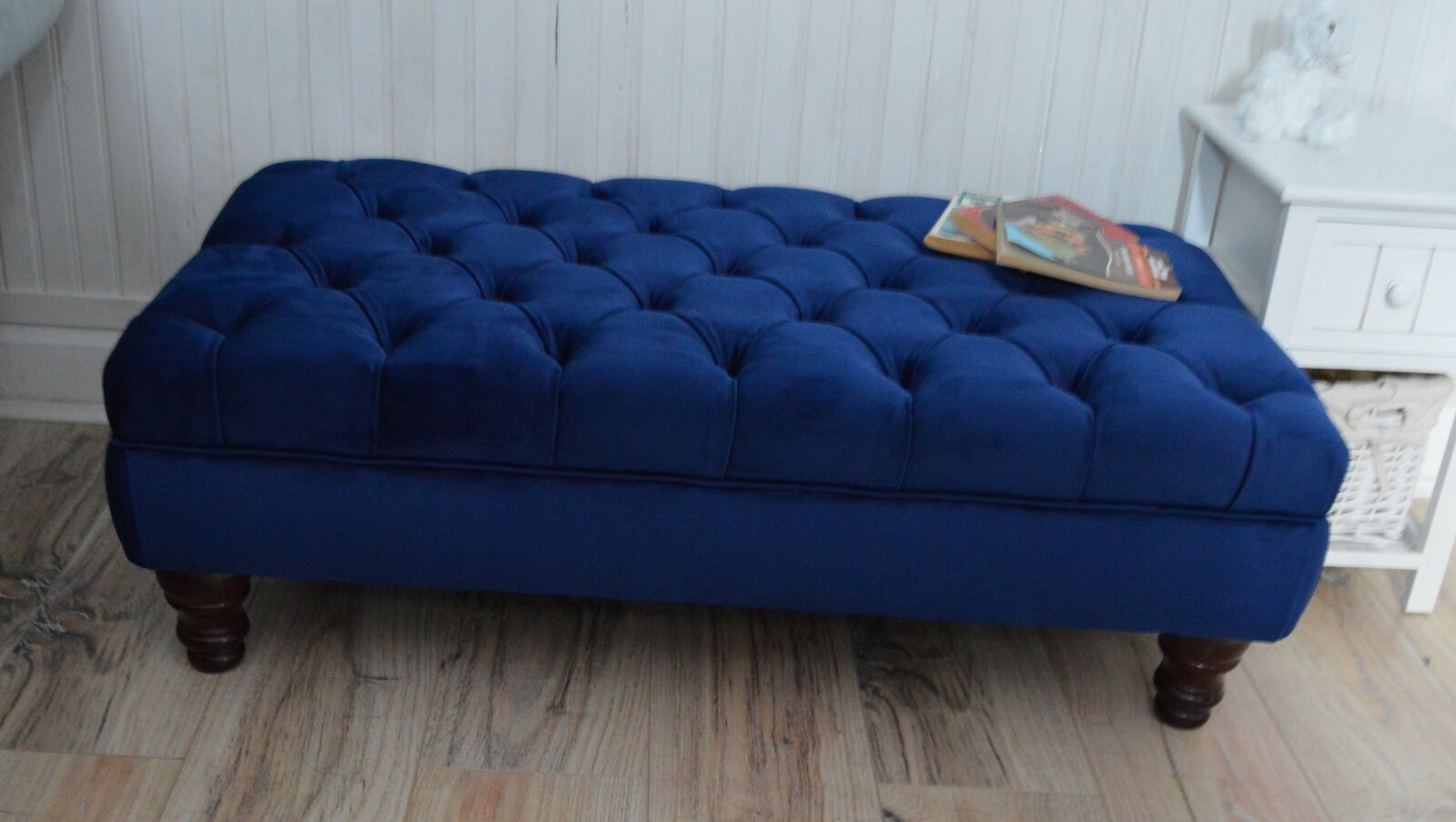 Chesterfield Deep Buttoned Footstool in Royal Blue Velvet With Mahogany Turned Hard Wood Legs