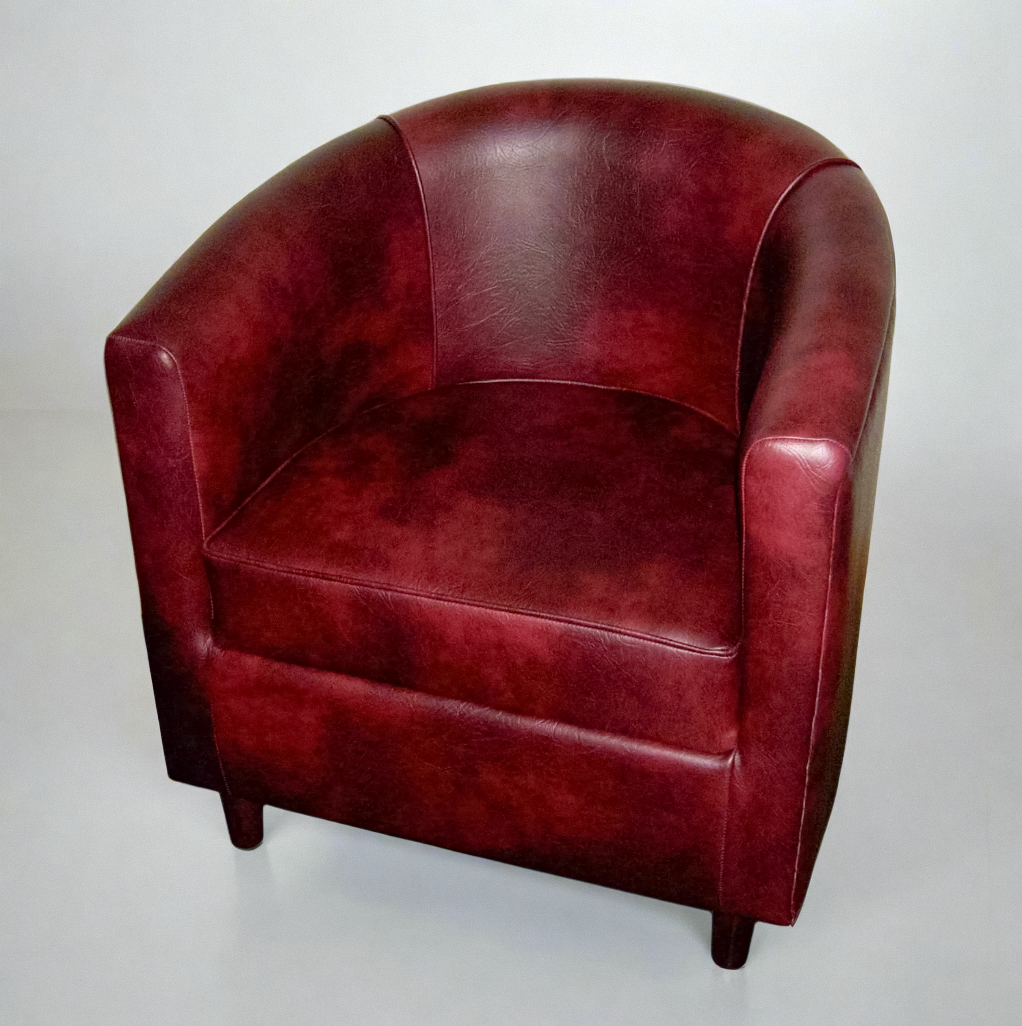 Tub Chair Upholstered In A Wine Faux Leather With Mahogany Wood Legs