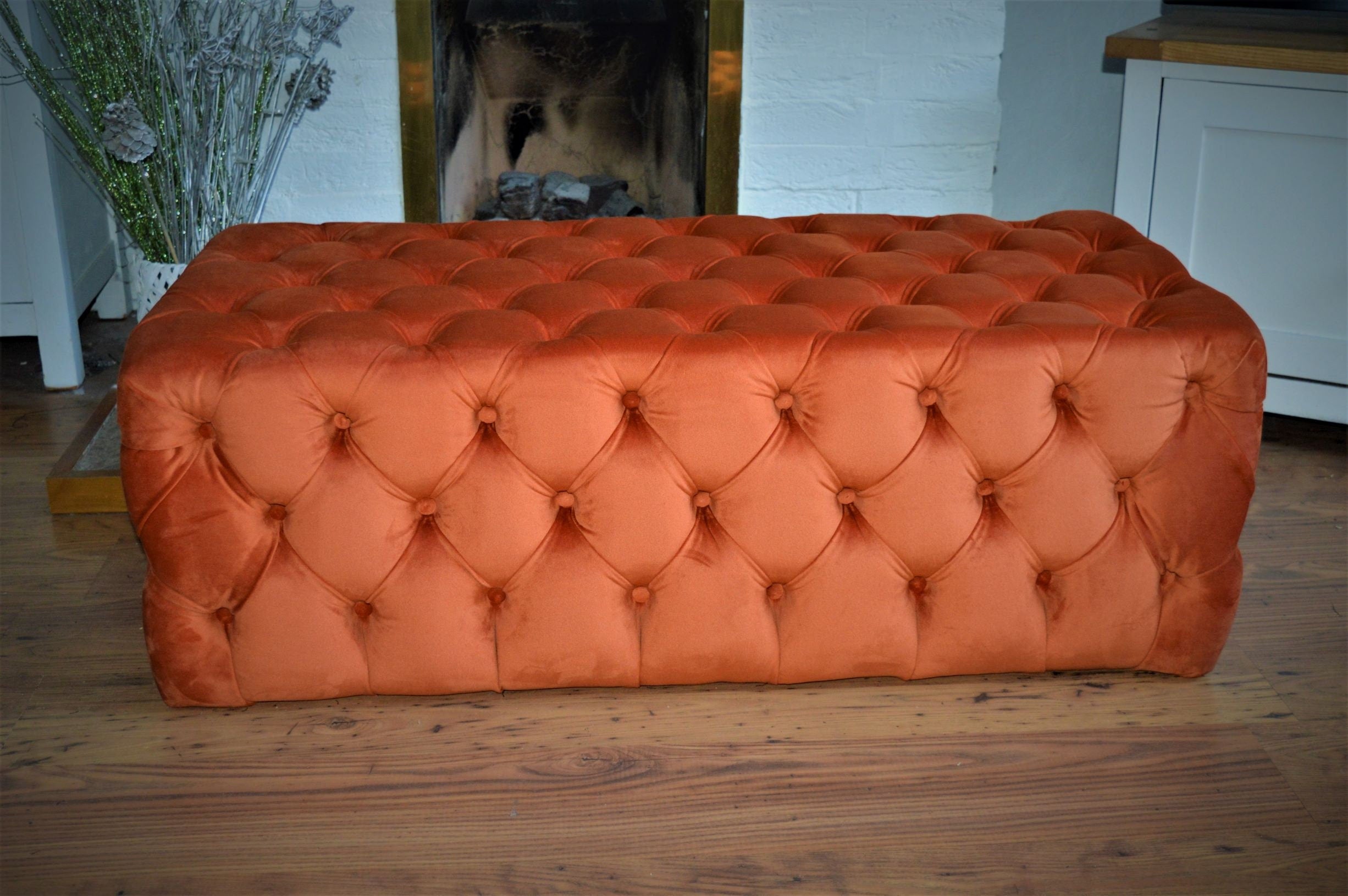 Chesterfield Style Deep Buttoned All Over Extra Large Footstool Upholstered In a Plush Burnt Orange Velvet