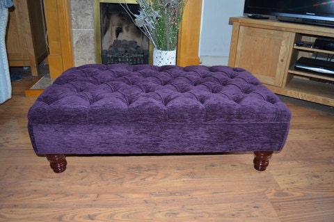 Chesterfield Style Deep Buttoned Footstool in Purple chenille Fabric With Mahogany Legs