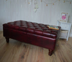 UK Made Chesterfield Deep Buttoned  Footstool With Storage in Premium Wine Faux Leather