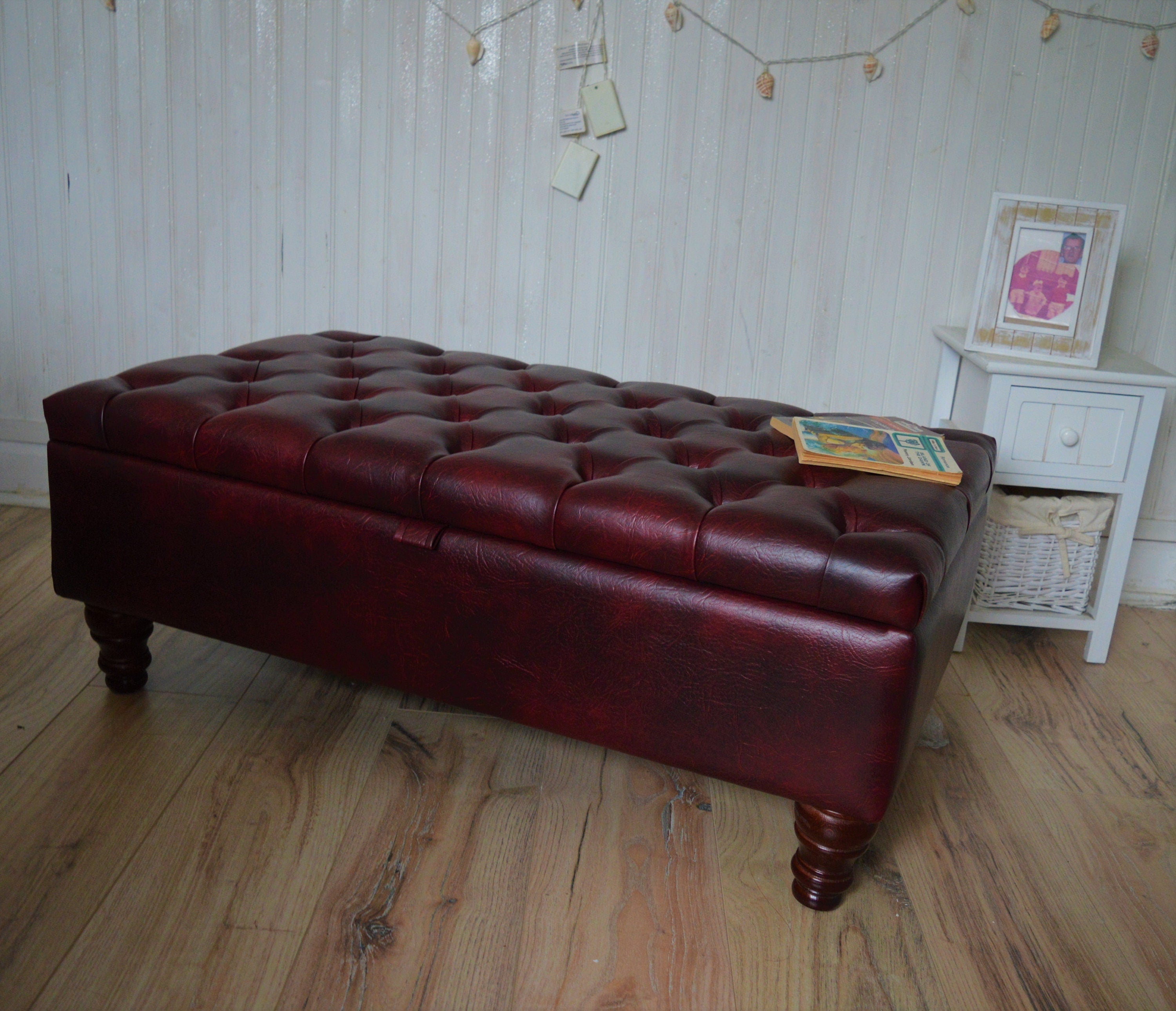 UK Made Chesterfield Deep Buttoned  Footstool With Storage in Premium Wine Faux Leather