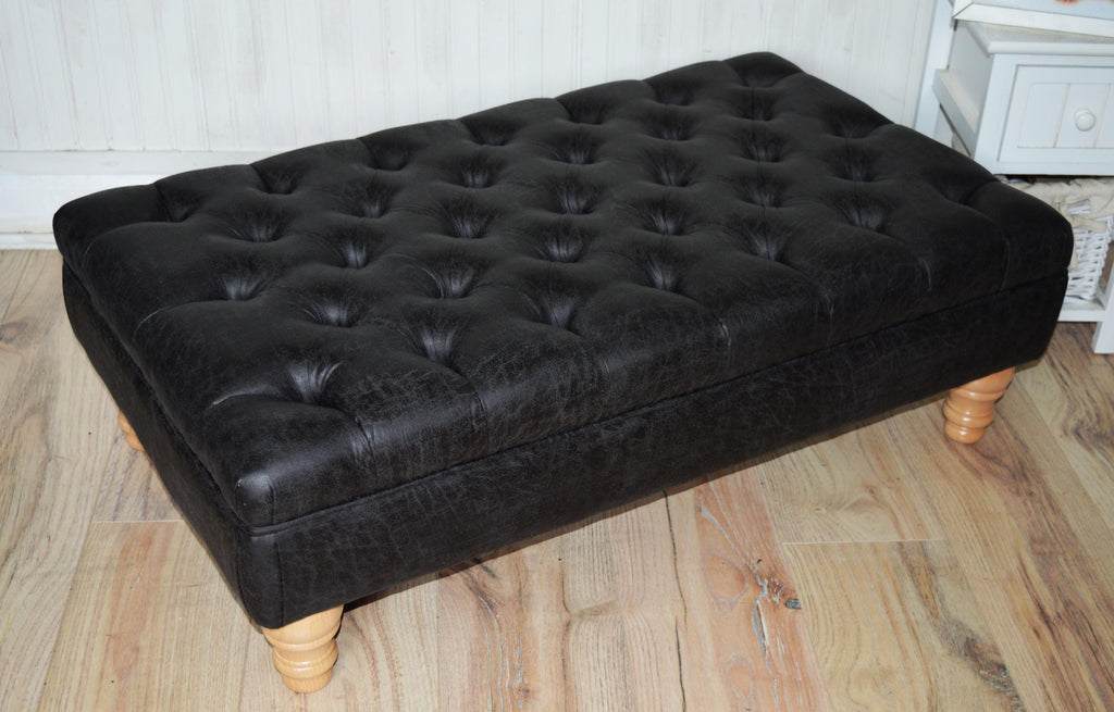 Handmade Antique Black Faux Suede  Chesterfield Footstool  Coffee Table – Footrest – Oak Turned Hardwood Legs
