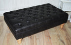 Handmade Antique Black Faux Suede  Chesterfield Footstool  Coffee Table – Footrest – Oak Turned Hardwood Legs