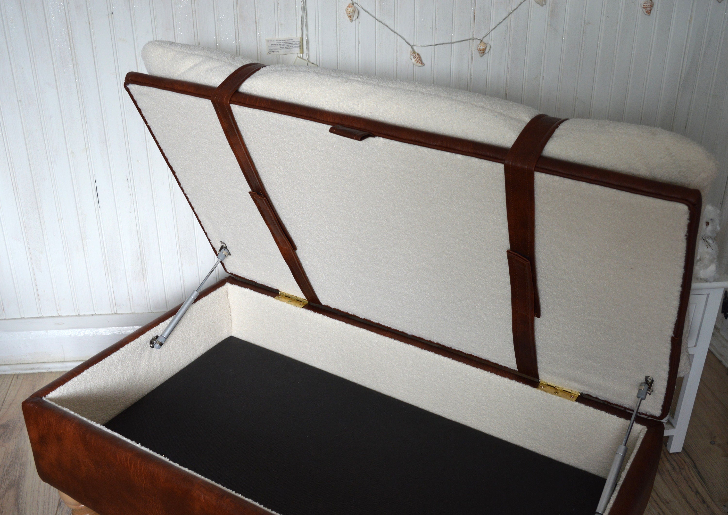 Mayfair Ottoman Footstool With Storage in Ivory Boucle Fabric With Chestnut Faux Leather Base