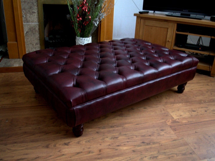 Chesterfield Extra Large Deep Buttoned Footstool in Premium Wine Faux Leather With Turned Hardwood Legs